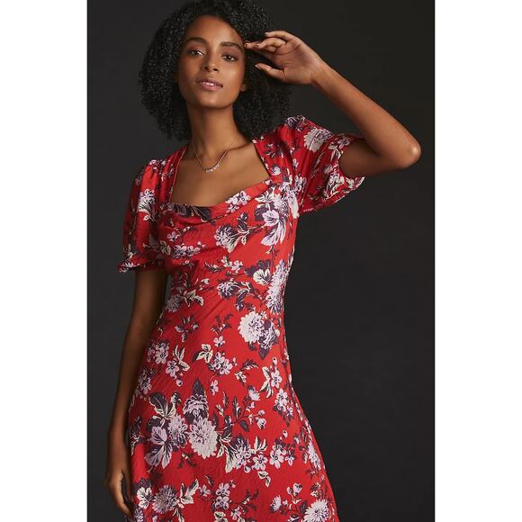 New Anthropologie Maeve Puff-Sleeve Floral Midi Dress $160 SIZE 6 Red - Picture 2 of 5